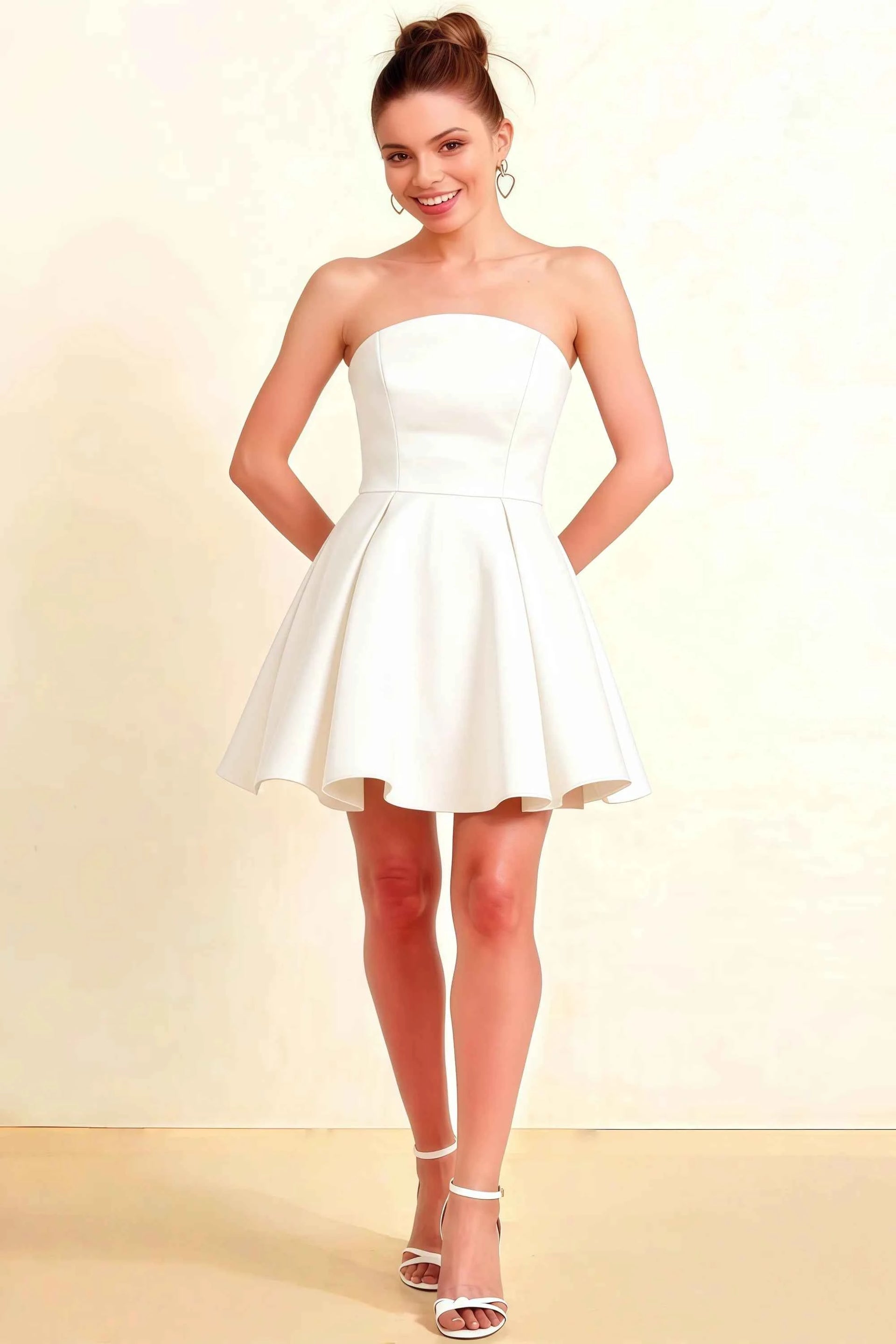 Beverly White Satin Strapless Open Back Mini Skater Dress