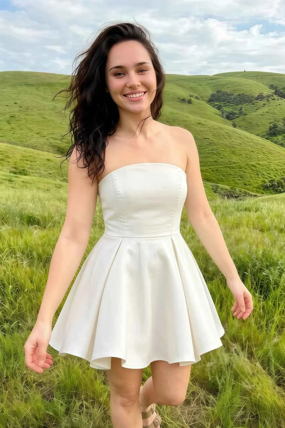 Beverly White Satin Strapless Open Back Mini Skater Dress