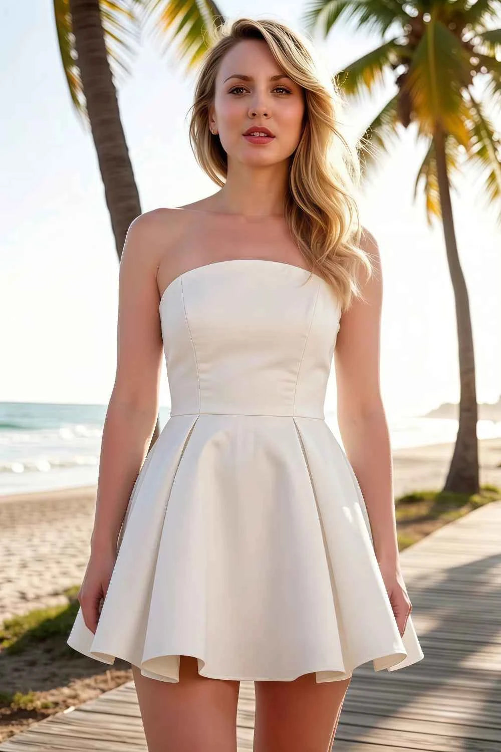 Beverly White Satin Strapless Open Back Mini Skater Dress