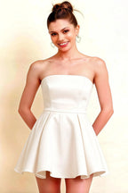 Close Up Front View of LVLVS White Satin Strapless Dress Showcasing Sweetheart Neckline and Bodycon Fit