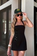 Bianca Black Square Neck Mini Halter Dress with Flower Detail