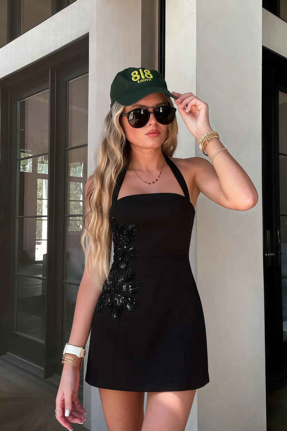 Bianca Black Square Neck Mini Halter Dress with Flower Detail