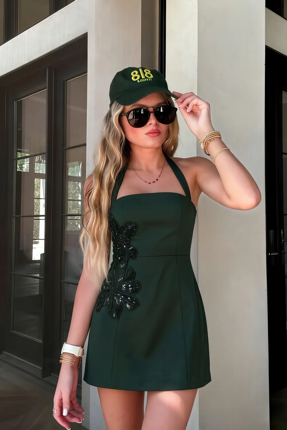 Bianca Emerald Green Square Neck Mini Halter Dress with Flower Detail