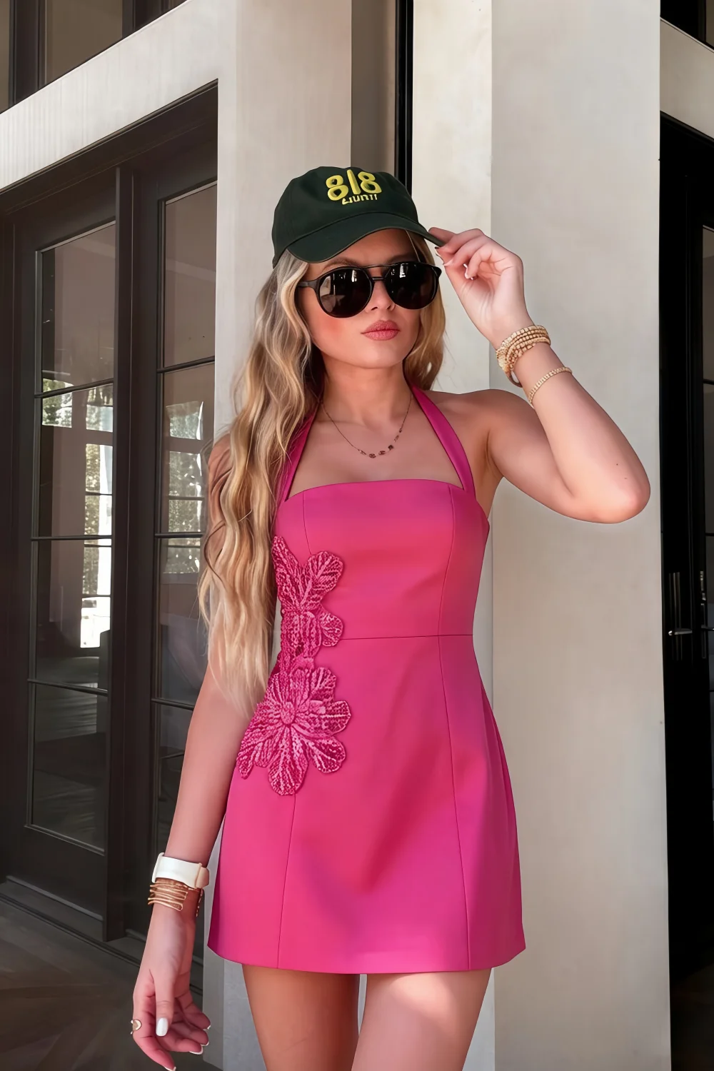 Bianca Hot Pink Square Neck Mini Halter Dress with Flower Detail