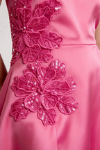 Bianca Hot Pink Square Neck Mini Halter Dress with Flower Detail
