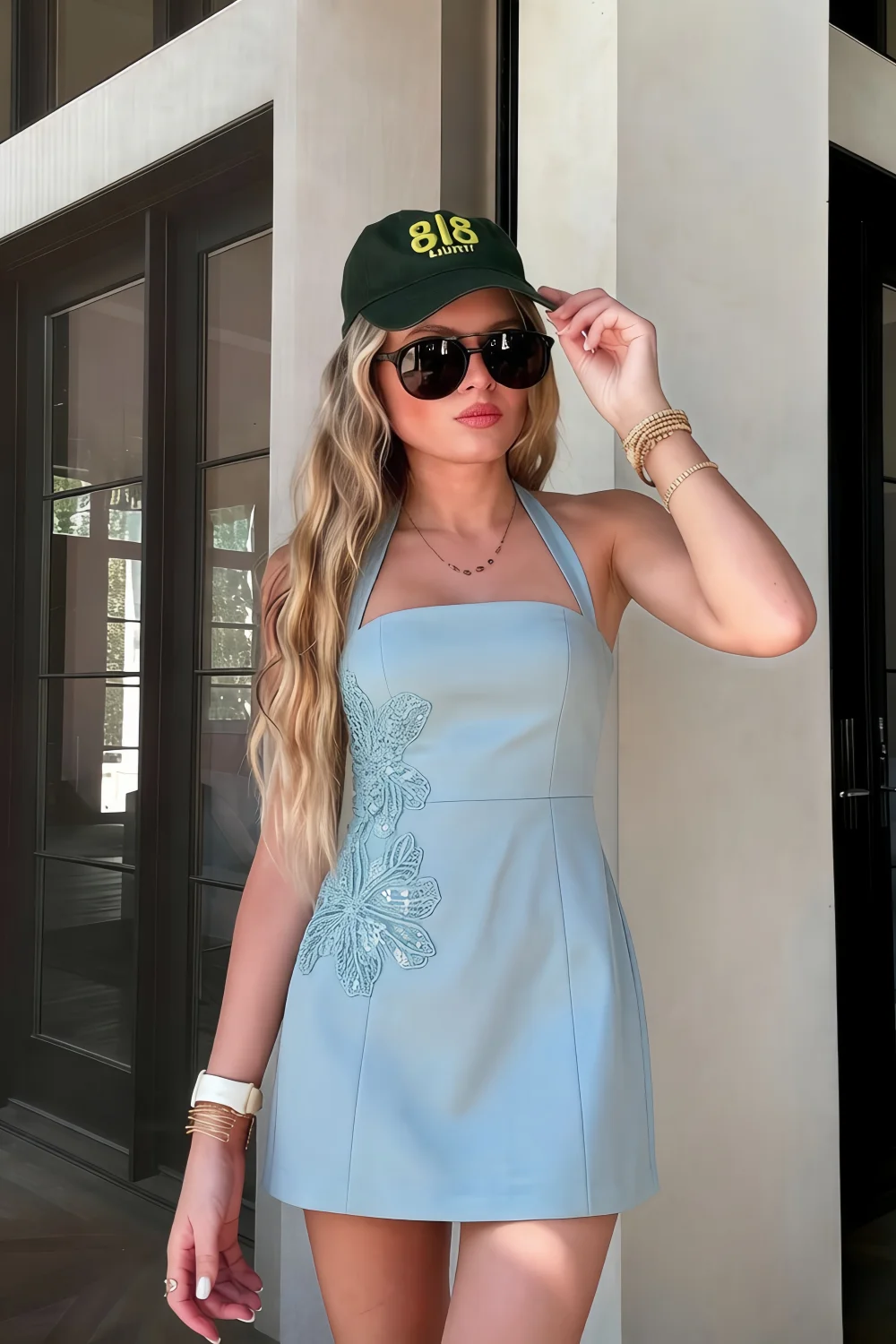 Bianca Light Blue Square Neck Mini Halter Dress with Flower Detail