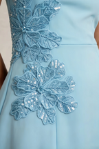 Bianca Light Blue Square Neck Mini Halter Dress with Flower Detail