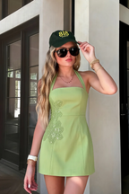 Bianca Light Green Square Neck Mini Halter Dress with Flower Detail