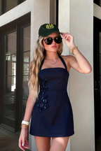 Bianca Navy Square Neck Mini Halter Dress with Flower Detail