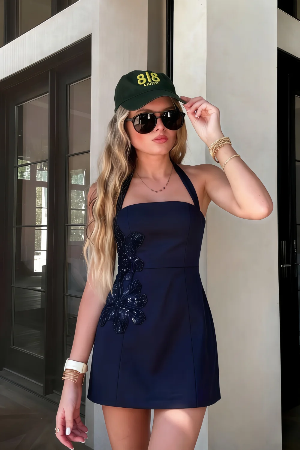 Bianca Navy Square Neck Mini Halter Dress with Flower Detail