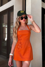 Bianca Orange Square Neck Mini Halter Dress with Flower Detail