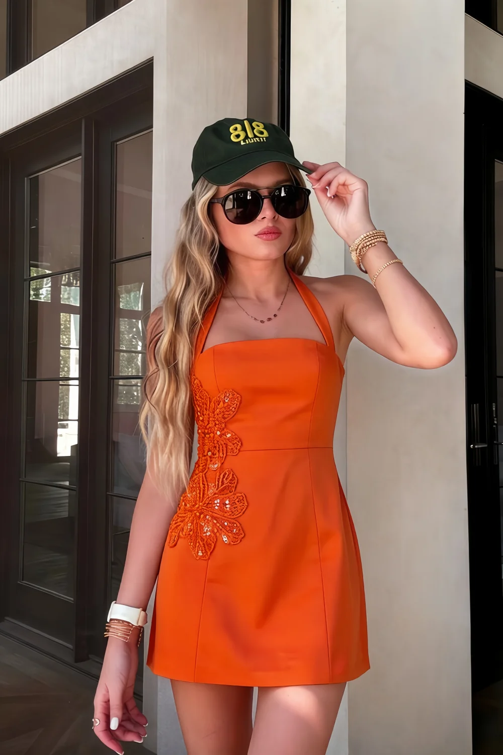 Bianca Orange Square Neck Mini Halter Dress with Flower Detail
