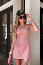 Bianca Pink Square Neck Mini Halter Dress with Flower Detail