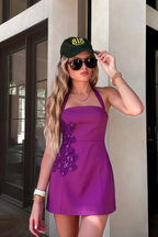 Bianca Purple Square Neck Mini Halter Dress with Flower Detail