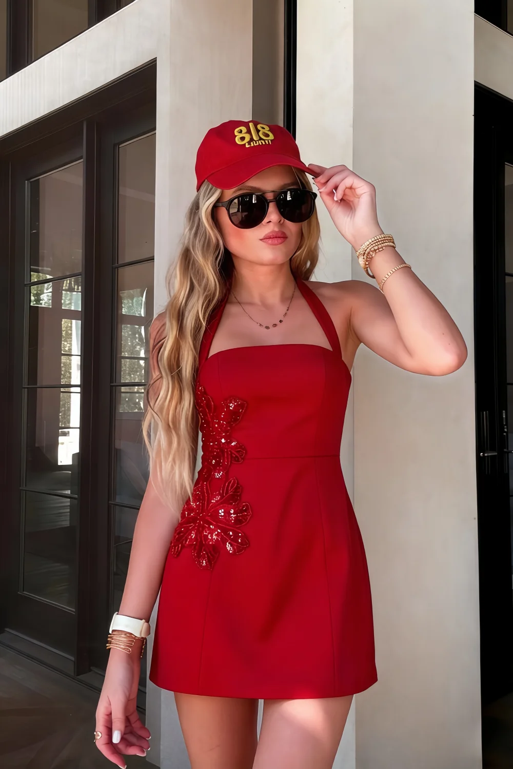 Bianca Red Square Neck Mini Halter Dress with Flower Detail