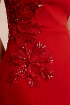 Bianca Red Square Neck Mini Halter Dress with Flower Detail