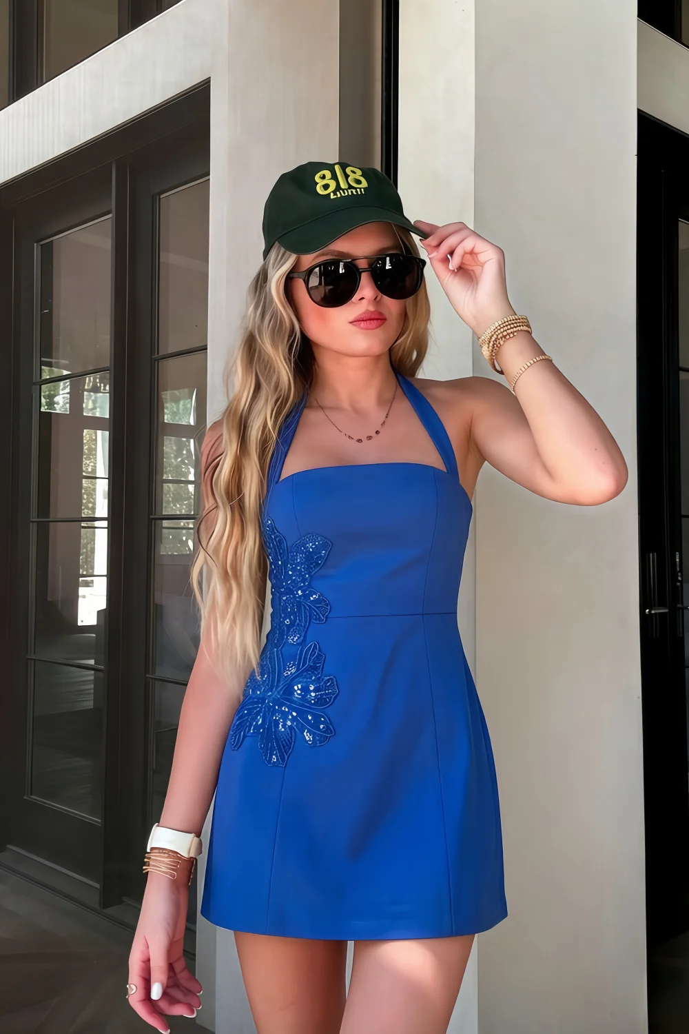 Bianca Royal Blue Square Neck Mini Halter Dress with Flower Detail