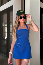 Bianca Royal Blue Square Neck Mini Halter Dress with Flower Detail