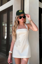 Bianca White Square Neck Mini Halter Dress with Flower Detail