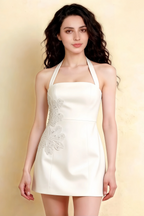 Bianca White Square Neck Mini Halter Dress with Flower Detail