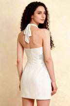 Bianca White Square Neck Mini Halter Dress with Flower Detail