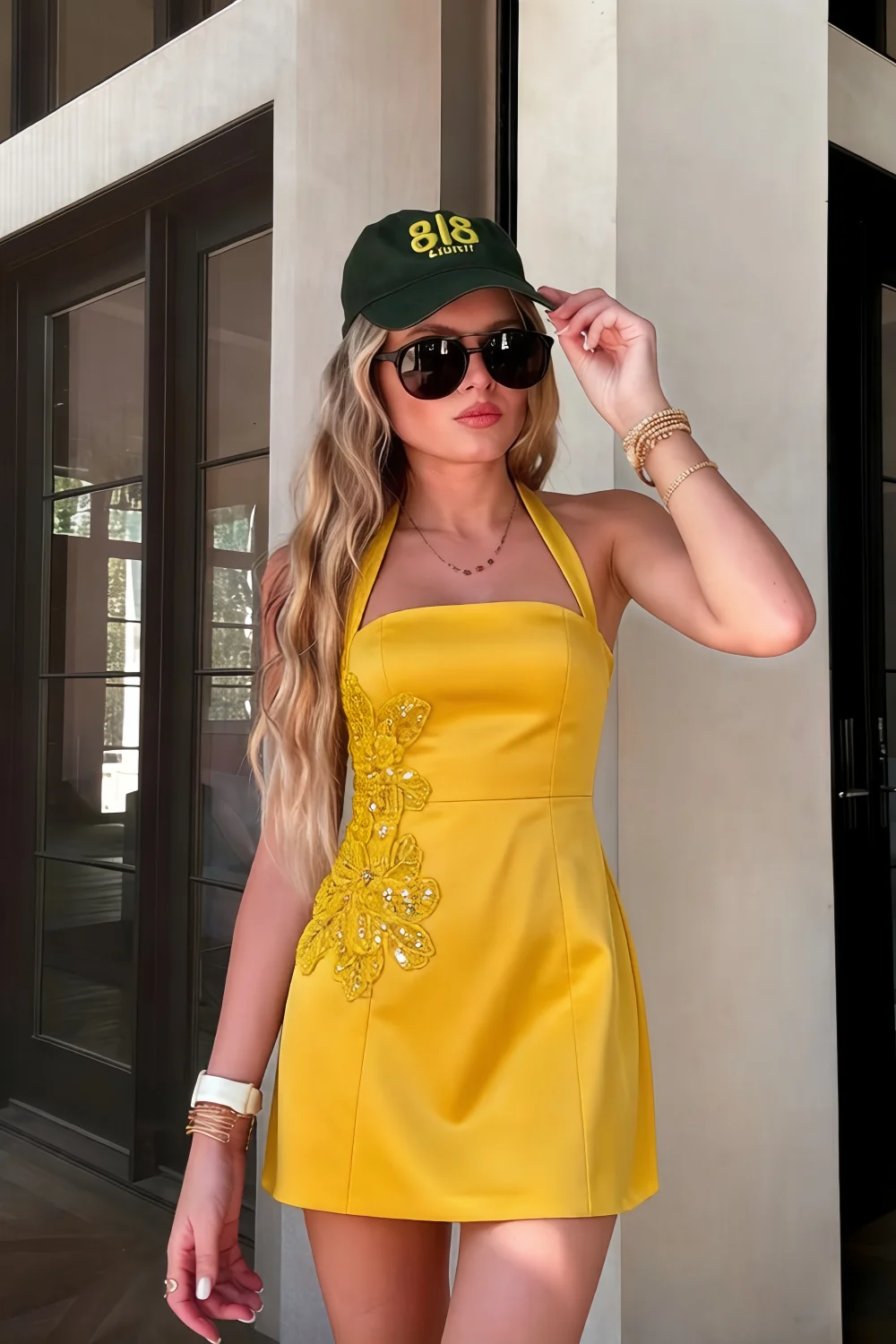 Bianca Yellow Square Neck Mini Halter Dress with Flower Detail