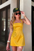 Bianca Yellow Square Neck Mini Halter Dress with Flower Detail