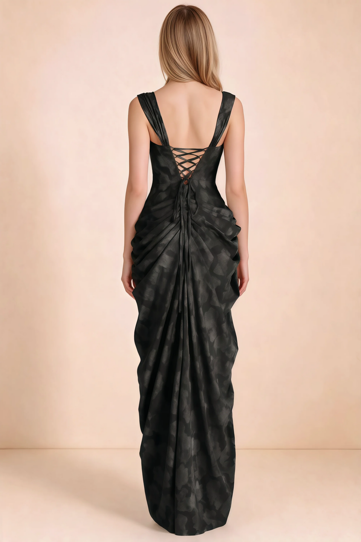 Rear studio view of Blair black dress showing wide shoulder straps and crossed back lacing