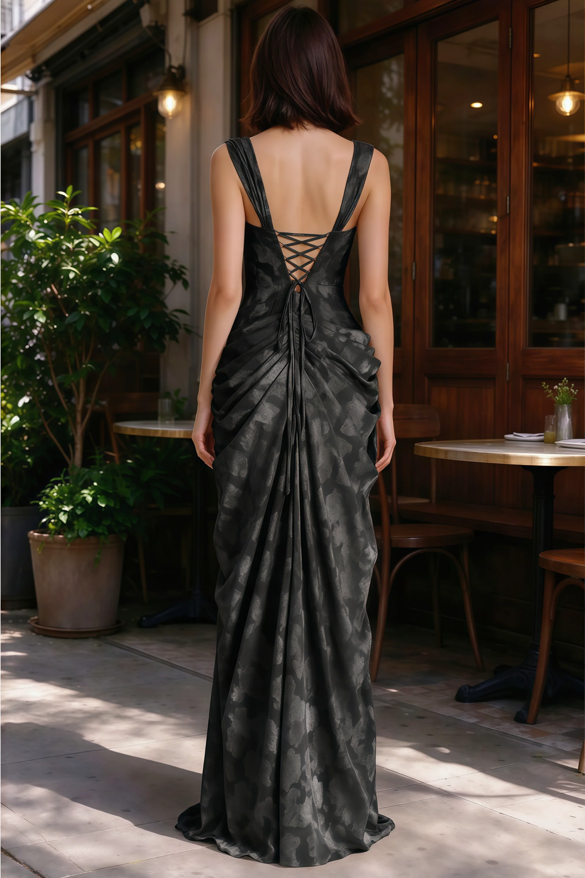 Outdoor rear view of Blair black jacquard dress showing the lace-up back and gathered skirt