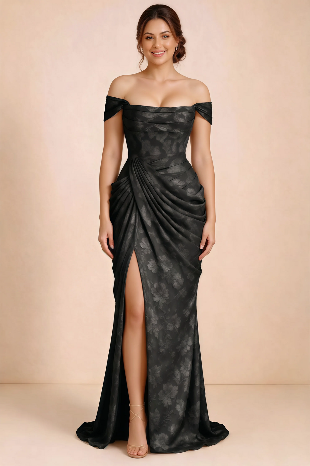 Front studio view of Blair black ruched dress showing an off-shoulder styling and high front opening