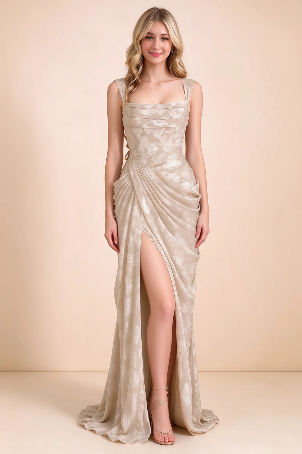 Translation missing: en.Front studio view of Blair cream jacquard ruched maxi dress with a square neckline and wide straps content.product_image_main