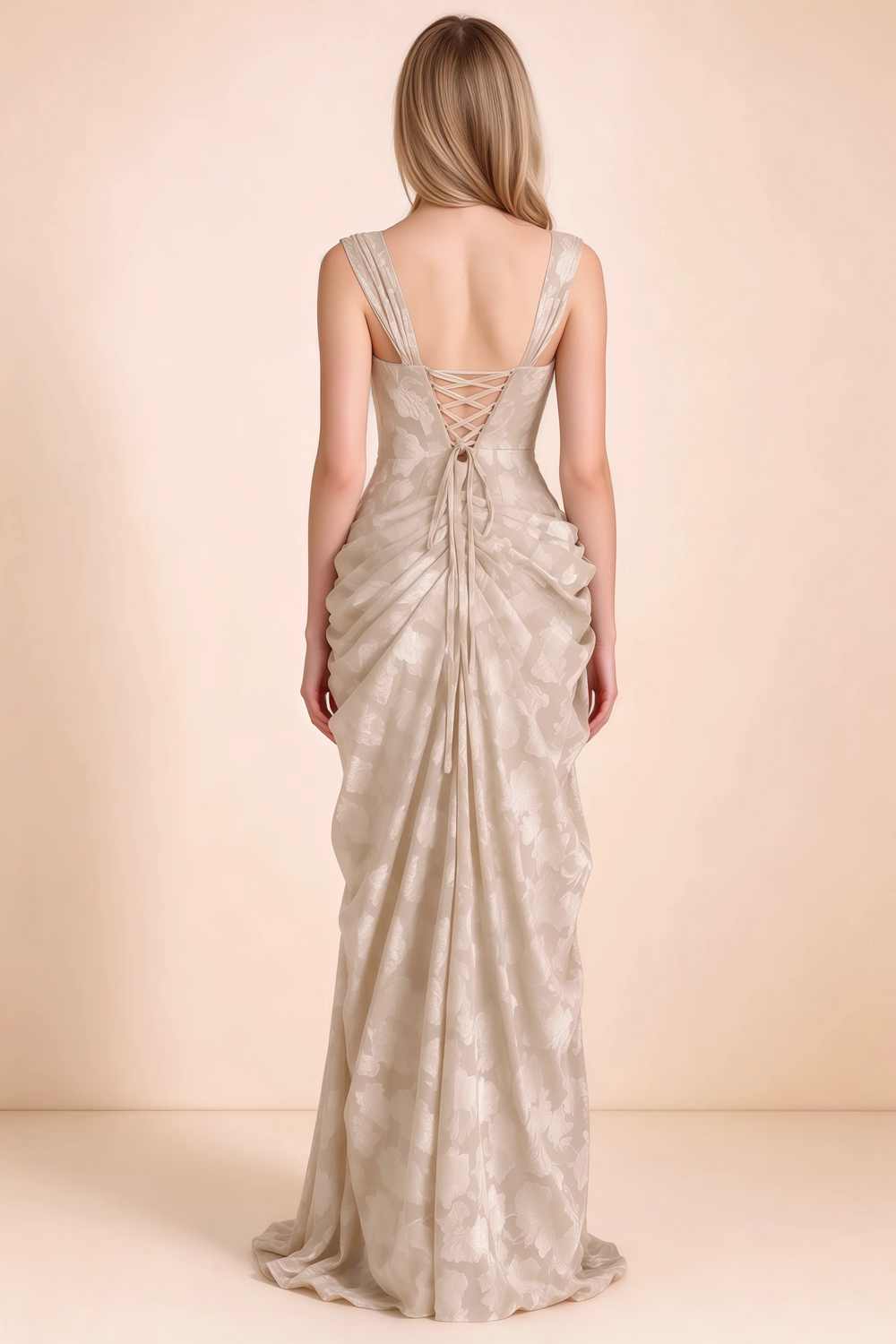 Translation missing: en.Rear studio view of Blair cream dress showing wide shoulder straps and crossed back lacing content.product_image_secondary