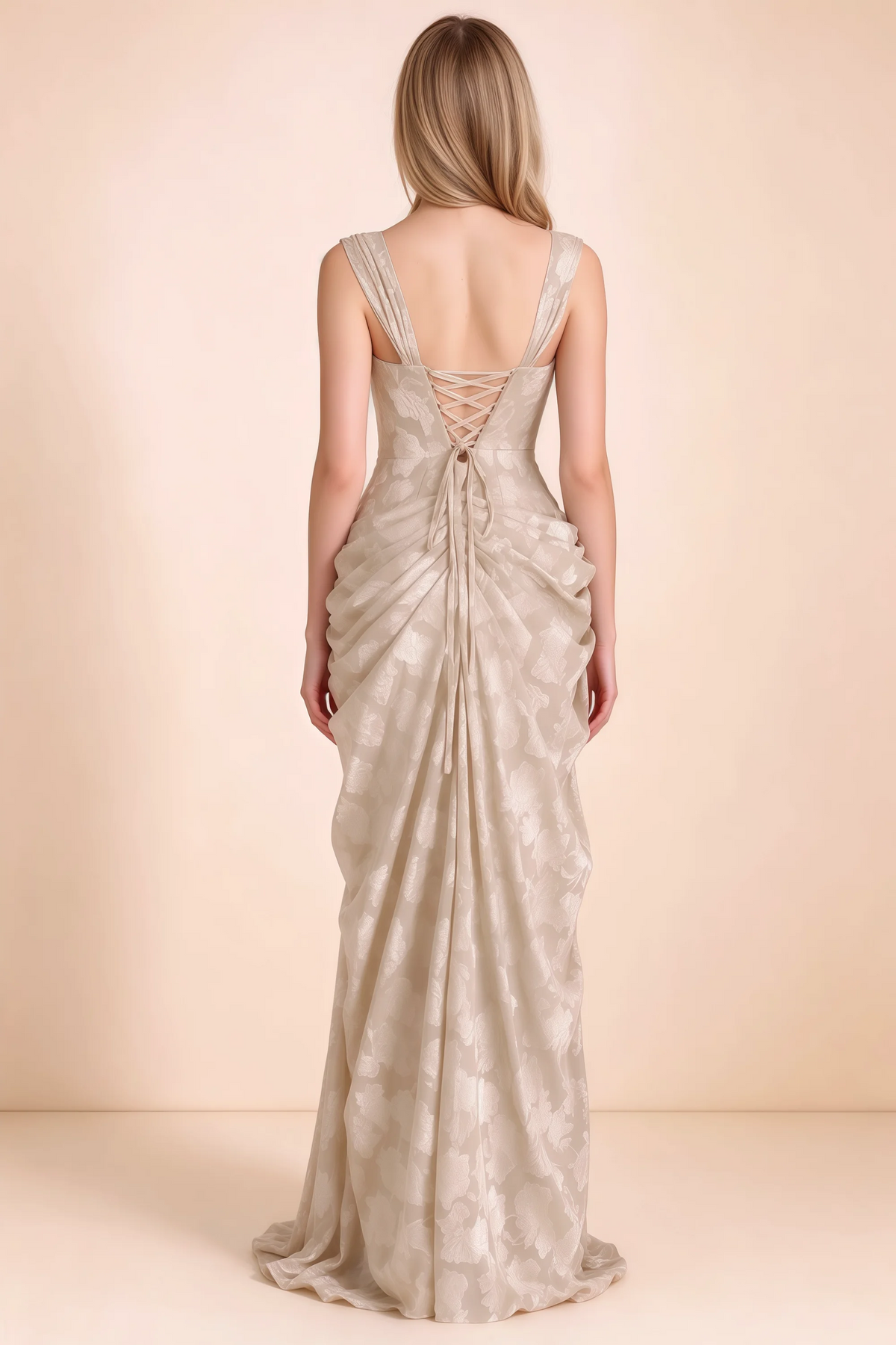 Rear studio view of Blair cream dress showing wide shoulder straps and crossed back lacing