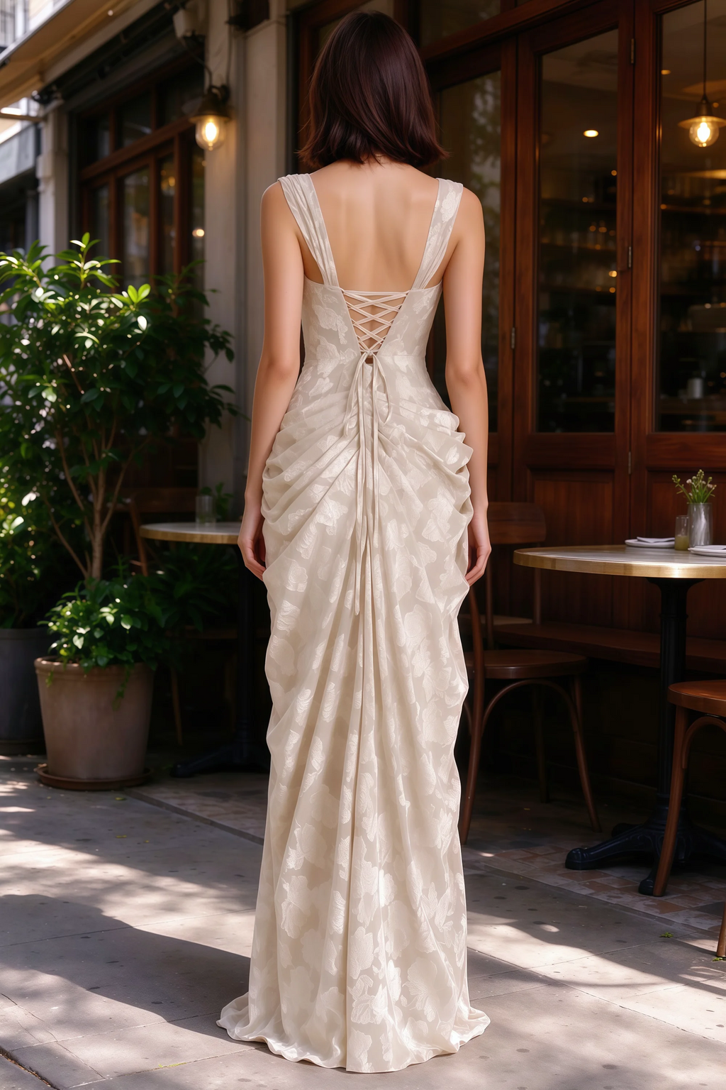 Outdoor rear view of Blair cream jacquard dress showing the lace-up back and gathered skirt