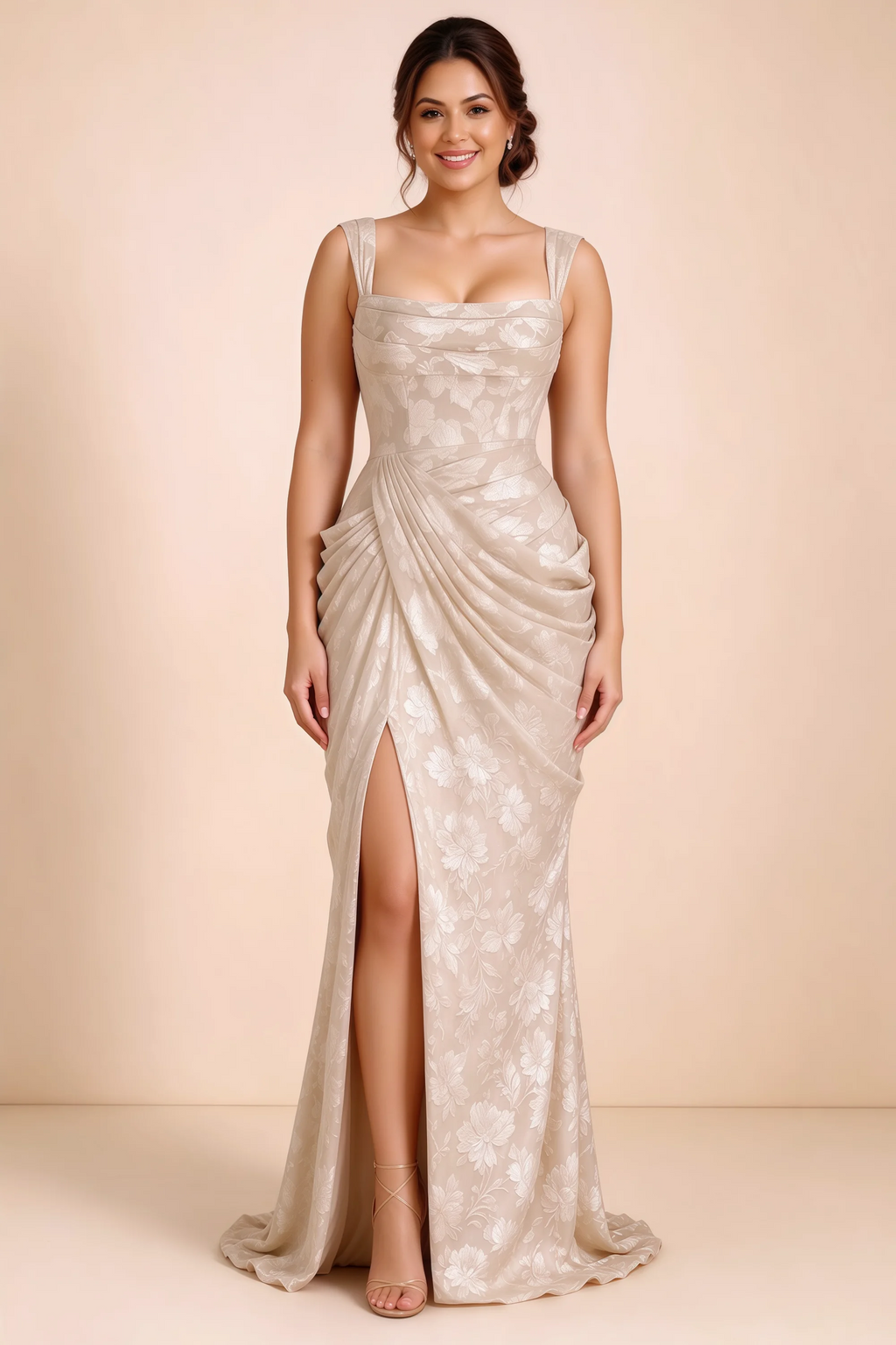 Front studio view of Blair cream ruched dress showing the square neckline and high front opening