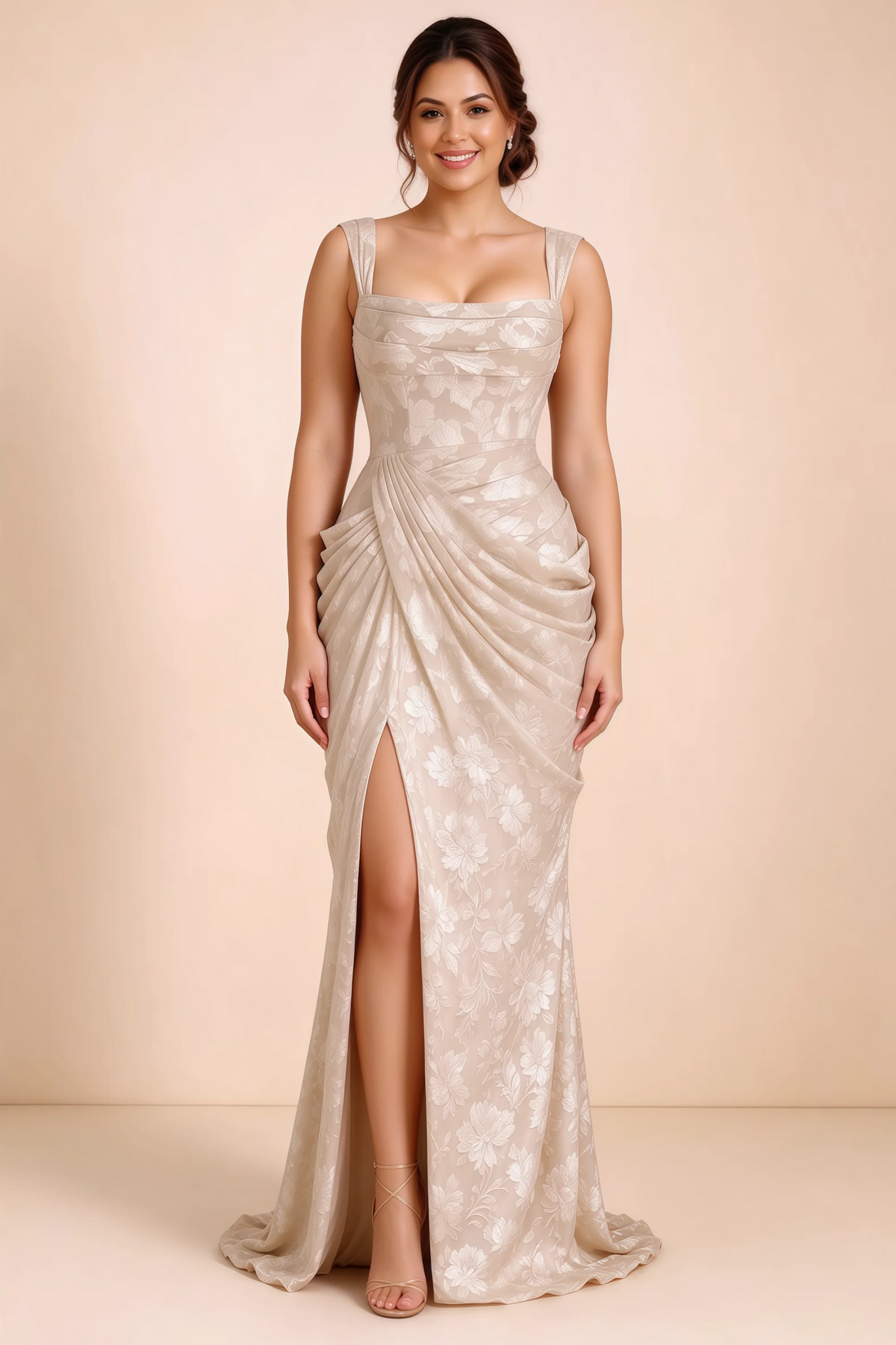 Front studio view of Blair cream ruched dress showing the square neckline and high front opening