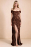 Front studio view of Blair mocha jacquard ruched maxi dress with straps styled off the shoulders