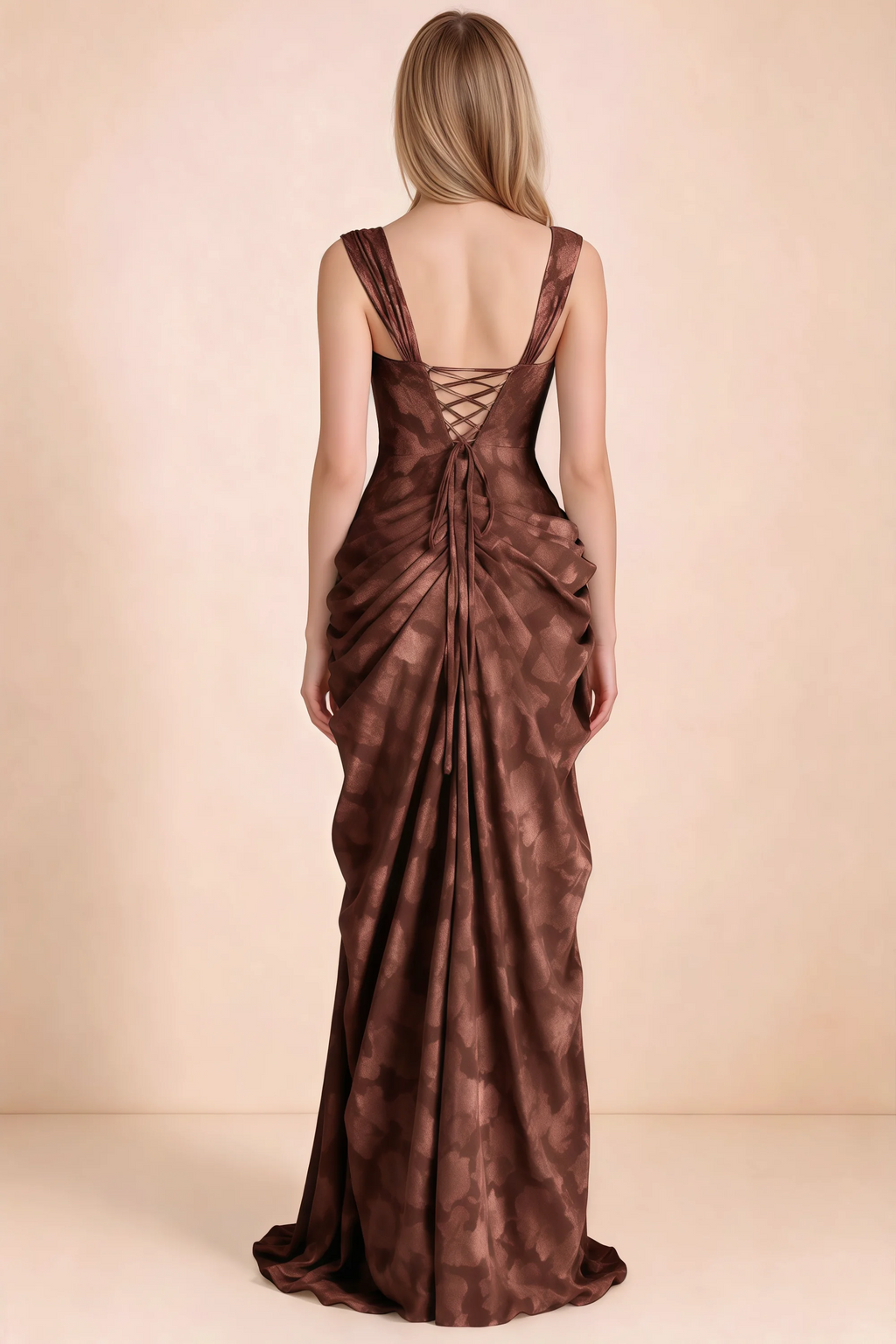 Rear studio view of Blair mocha dress showing wide shoulder straps and crossed back lacing