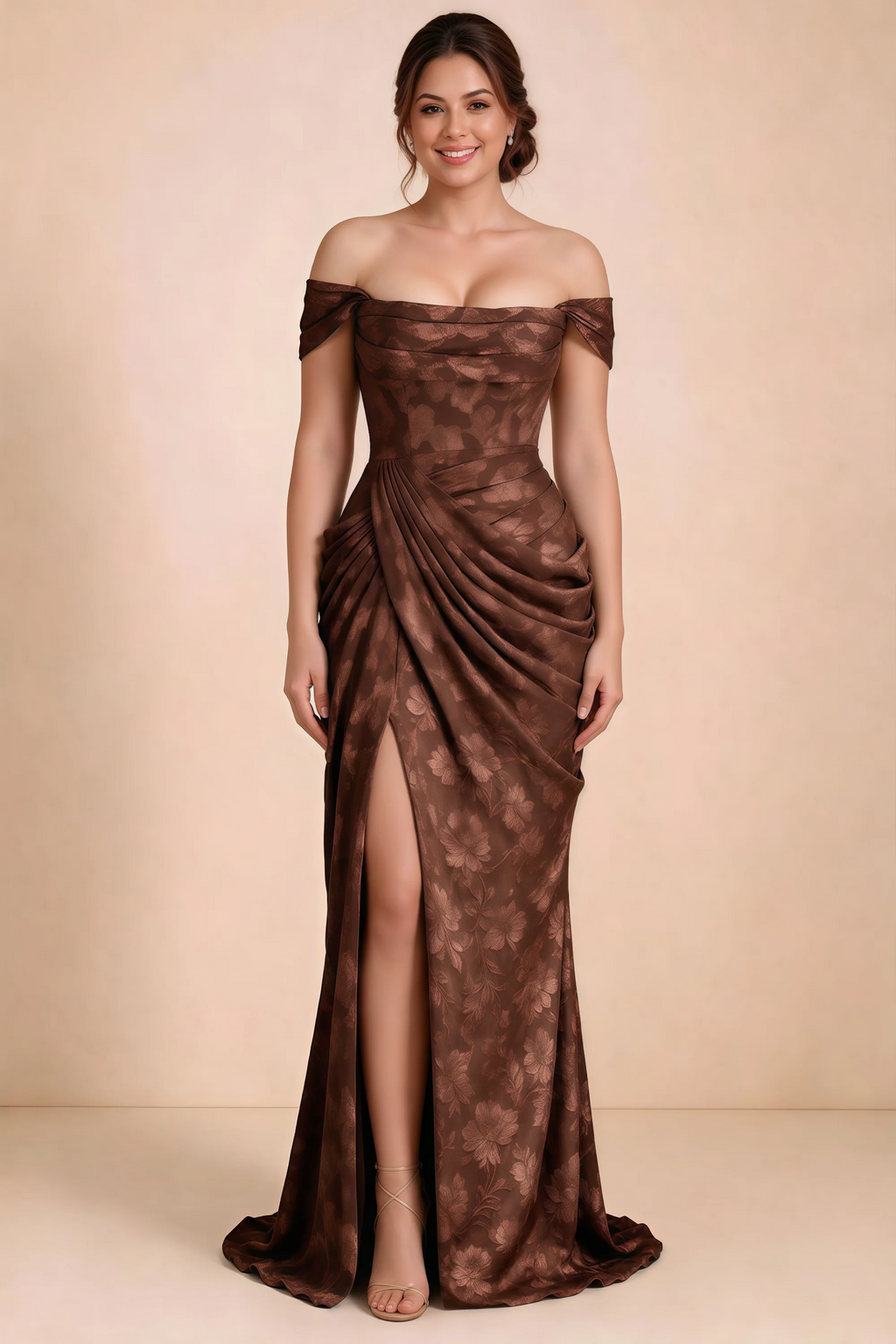 Front studio view of Blair mocha ruched dress showing an off-shoulder styling and high front opening