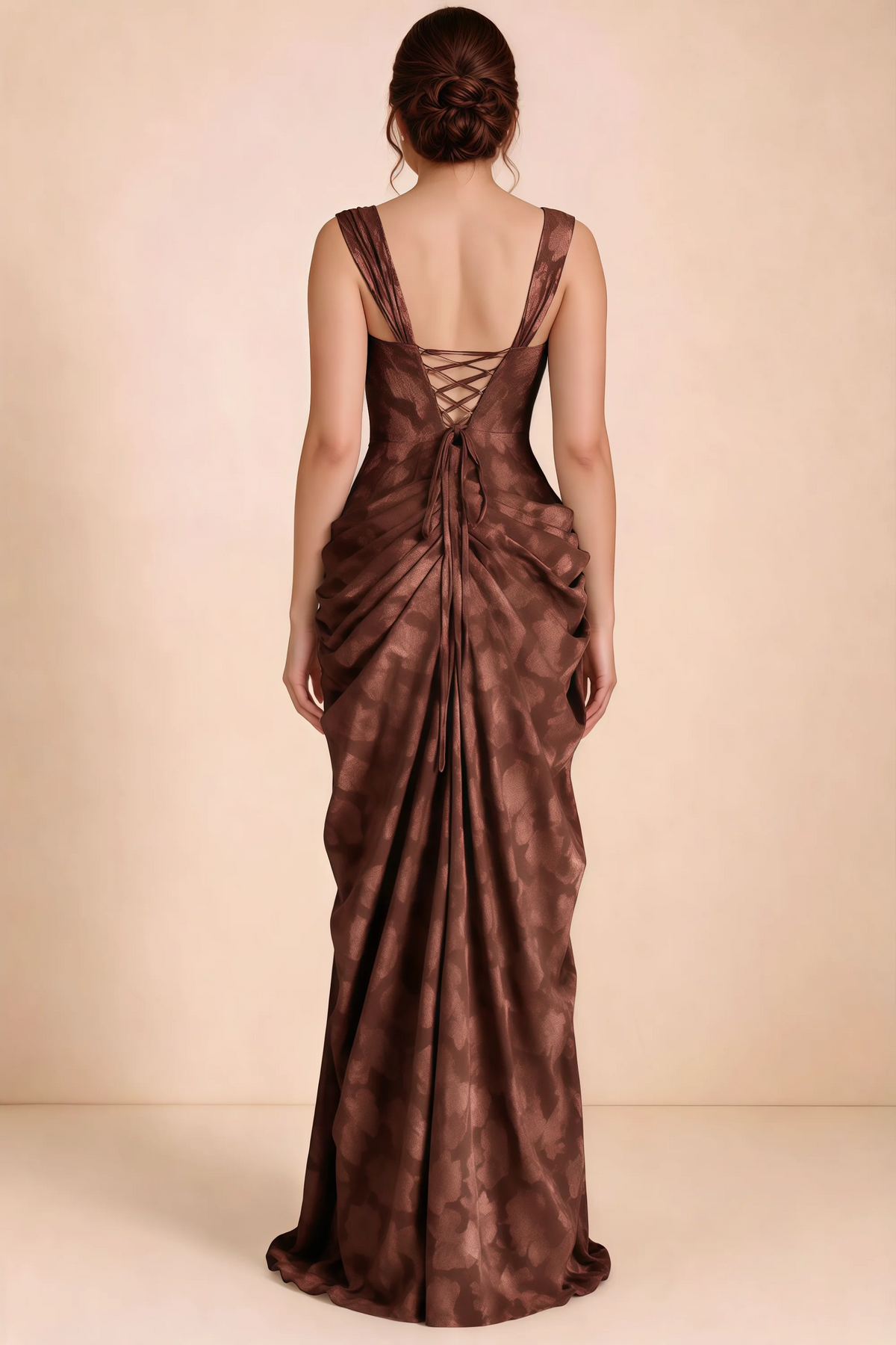 Rear studio view of Blair mocha dress showing the fitted waist and long draped skirt