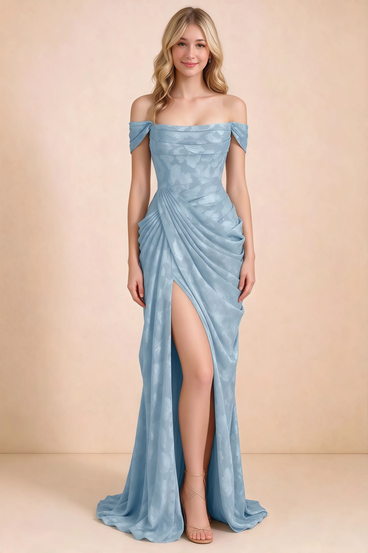 Front studio view of Blair powder blue jacquard ruched maxi dress with straps styled off the shoulders