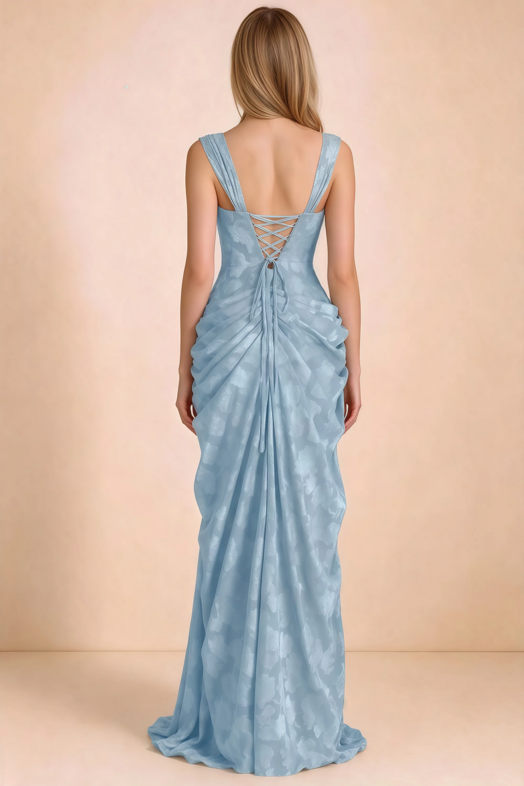 Rear studio view of Blair powder blue dress showing wide shoulder straps and crossed back lacing