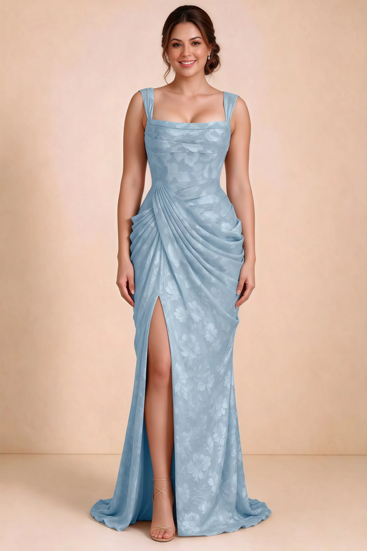 Front studio view of Blair powder blue ruched dress showing the square neckline and high front opening