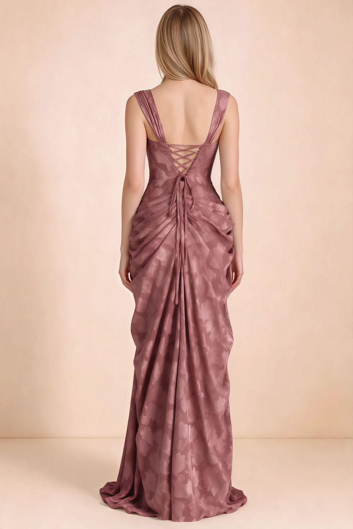 Rear studio view of Blair vintage rose dress showing wide shoulder straps and crossed back lacing
