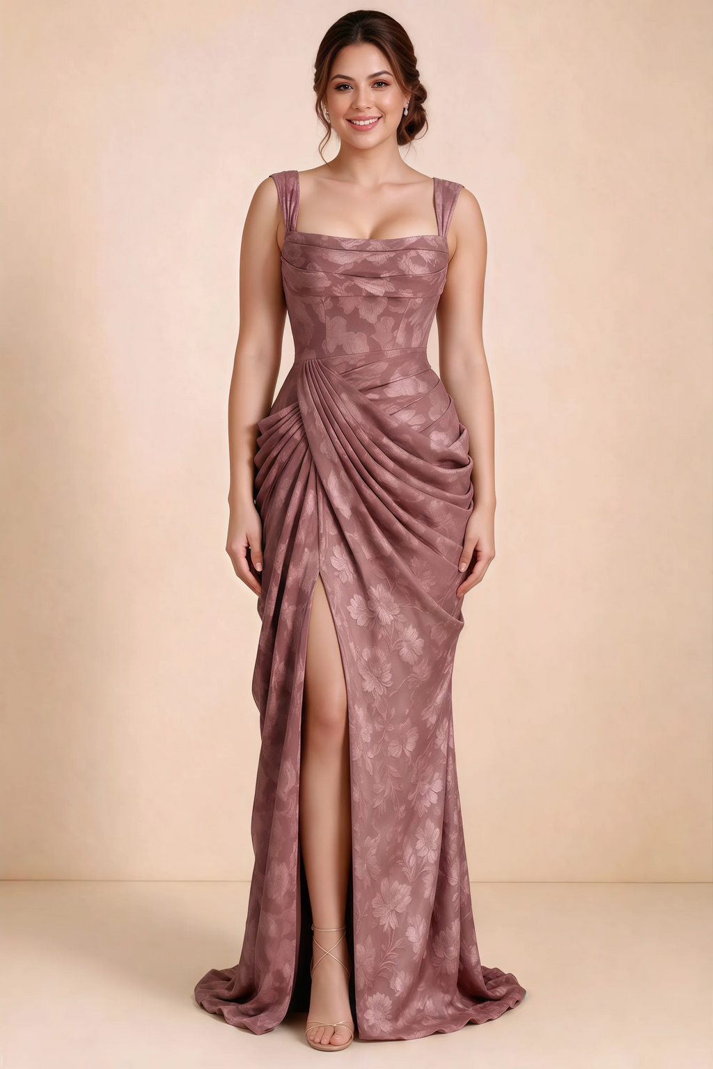 Front studio view of Blair vintage rose ruched dress showing the square neckline and high front opening