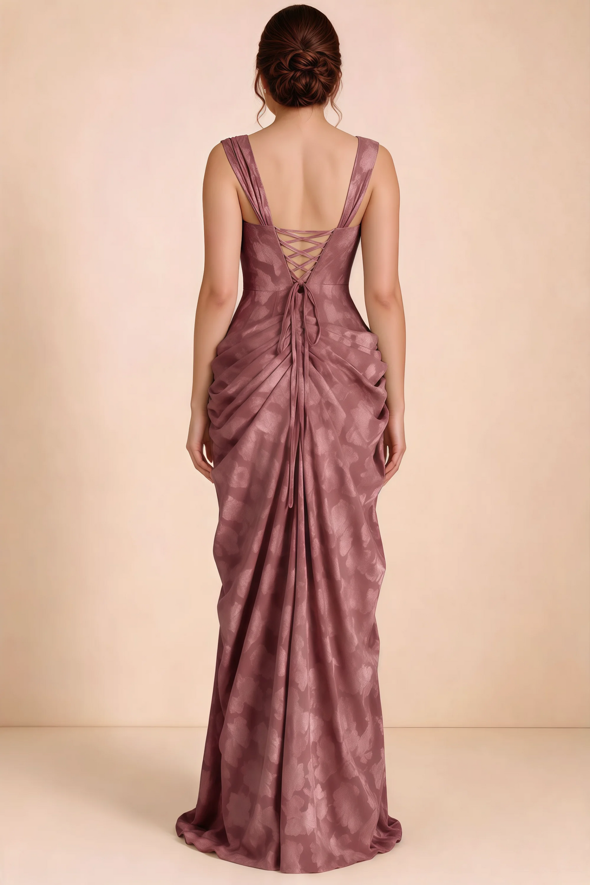 Rear studio view of Blair vintage rose dress showing the fitted waist and long draped skirt