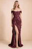 Front studio view of Blair wine jacquard ruched maxi dress with straps styled off the shoulders
