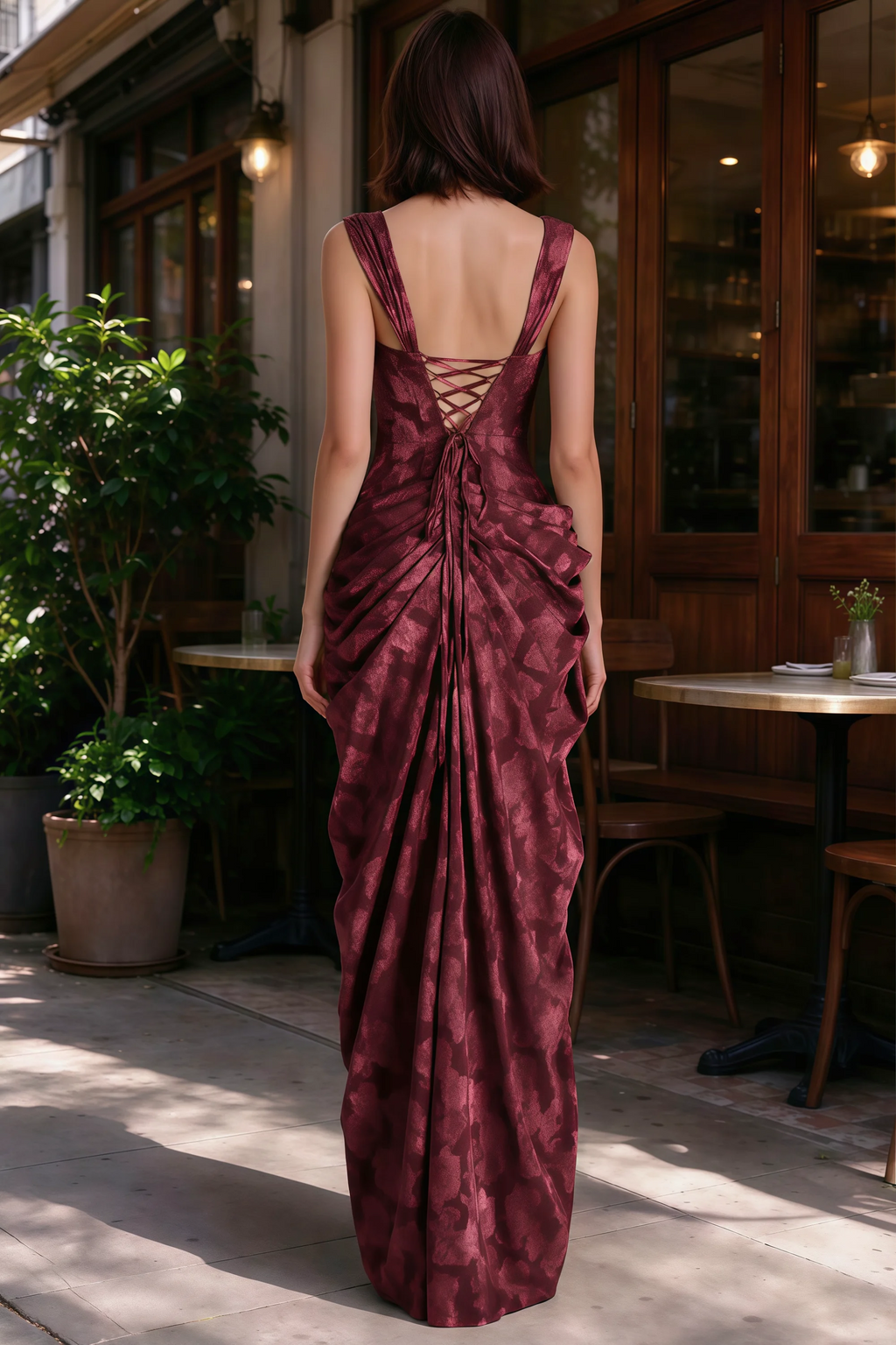 Outdoor rear view of Blair wine jacquard dress showing the lace-up back and gathered skirt