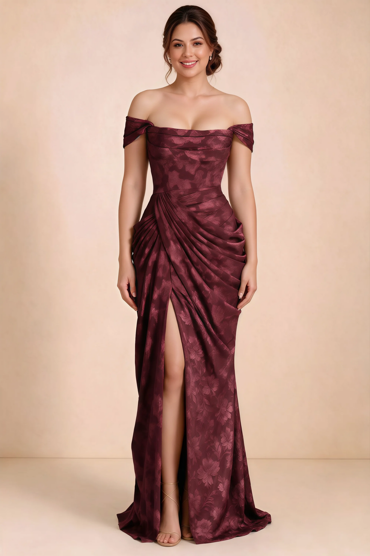 Front studio view of Blair wine ruched dress showing the square neckline and high front opening