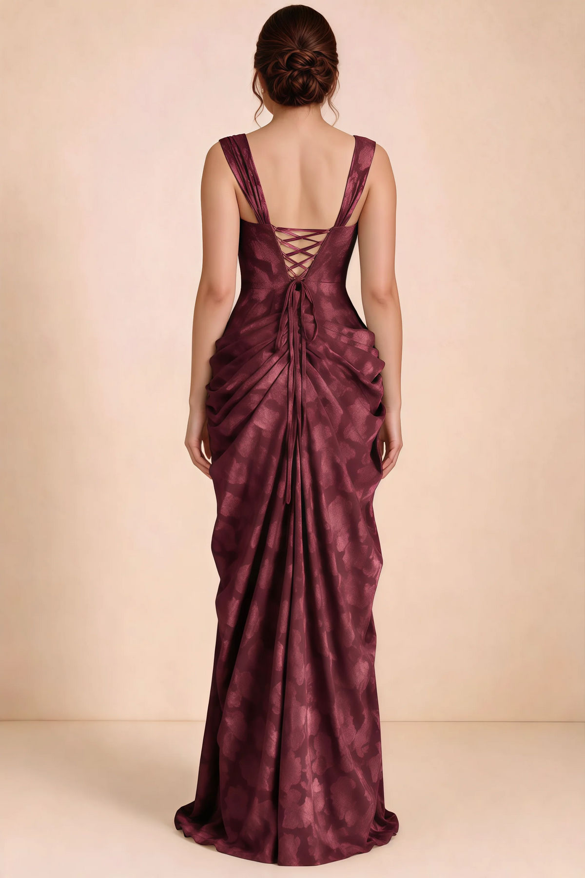 Rear studio view of Blair wine dress showing the fitted waist and long draped skirt